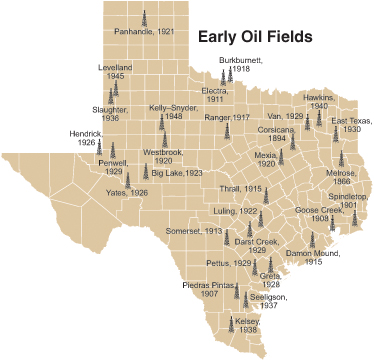 Map of Texas with locations of the early oil discoveries.